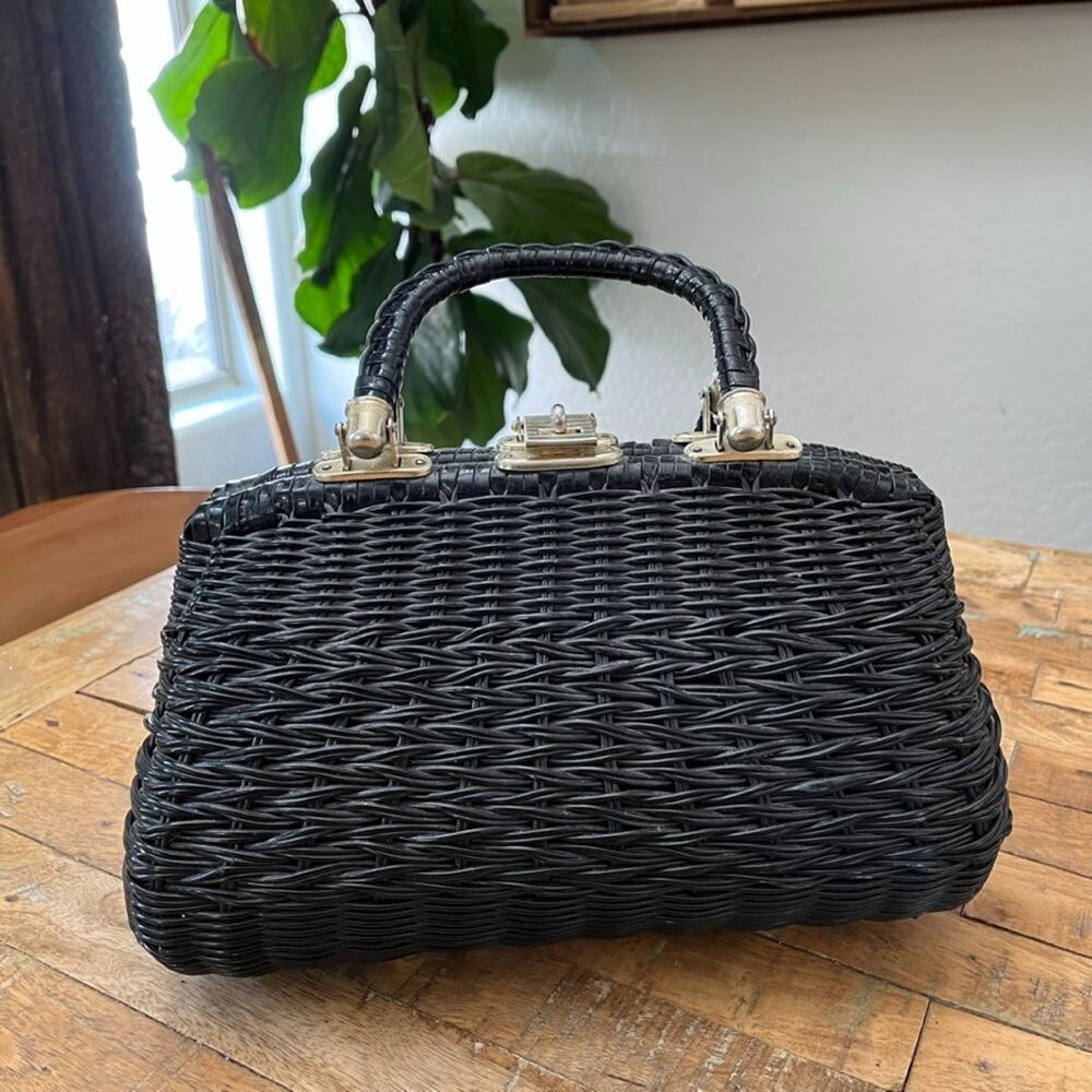 Simon Black Wicker Top-Handle Handbag 13" Lined Twist Lock Made In Hong Kong